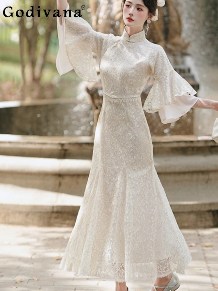 

Autumn Chinese Cheongsam Girl Beautiful Seven-quarter Sleeve Dress Fashion High Waist Versatile Elegant Slim Fishtail Dresses