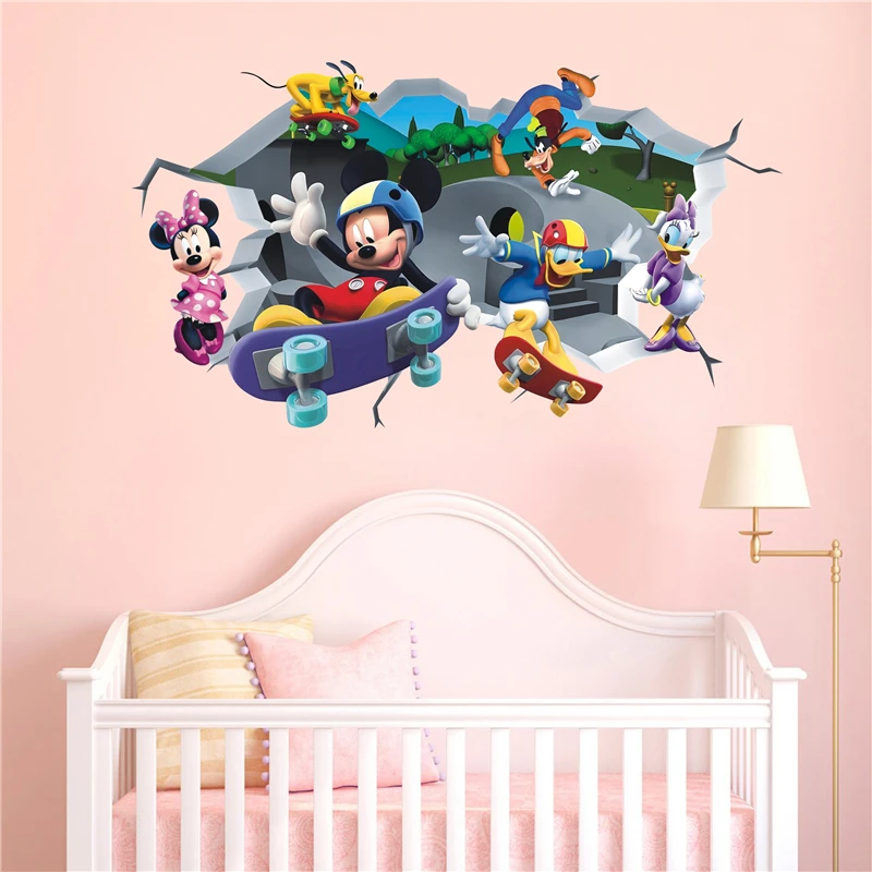 MINISO Cartoon Mickey Minnie Mouse Donald Duck Wall Stickers For Kids Room Baby Bedroom Wall Art Nursery Amusement Park Poste