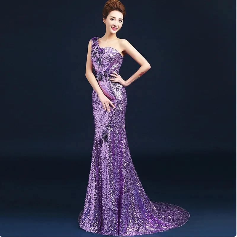 

Robe de soiree One Shoulder Beaded Sequin Long reflective Mermaid Evening Dresses vestido de festa prom party dresses Customized