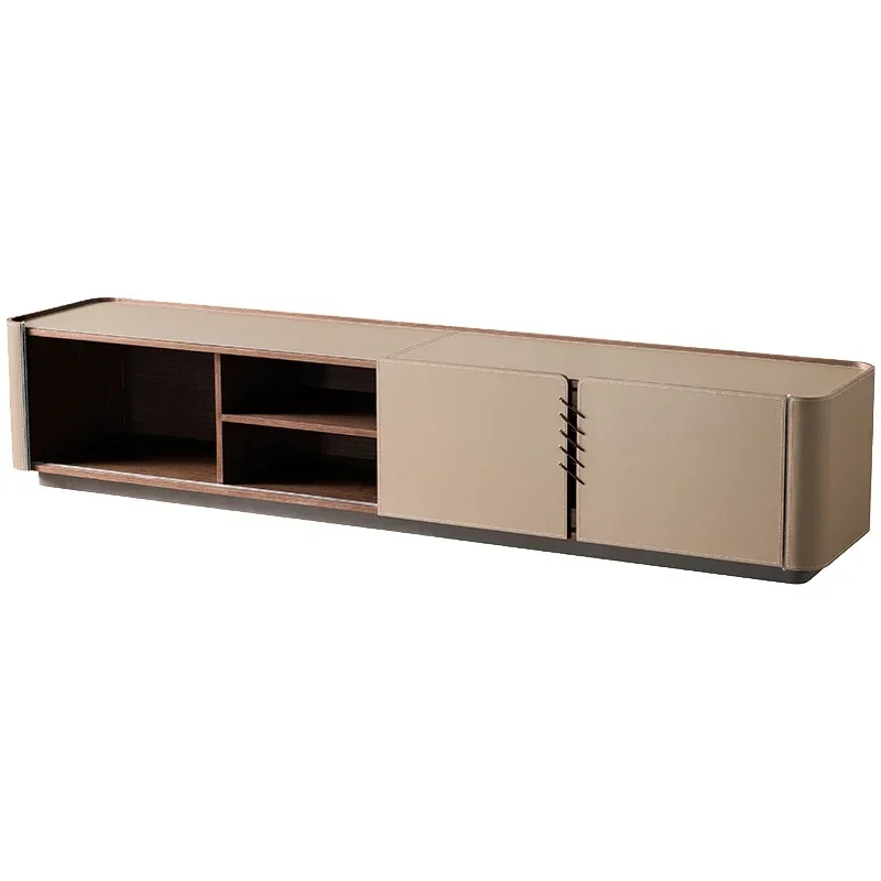 

Italian style light luxury TV cabinet coffee table combination saddle leather living room household black walnut floor cabinet