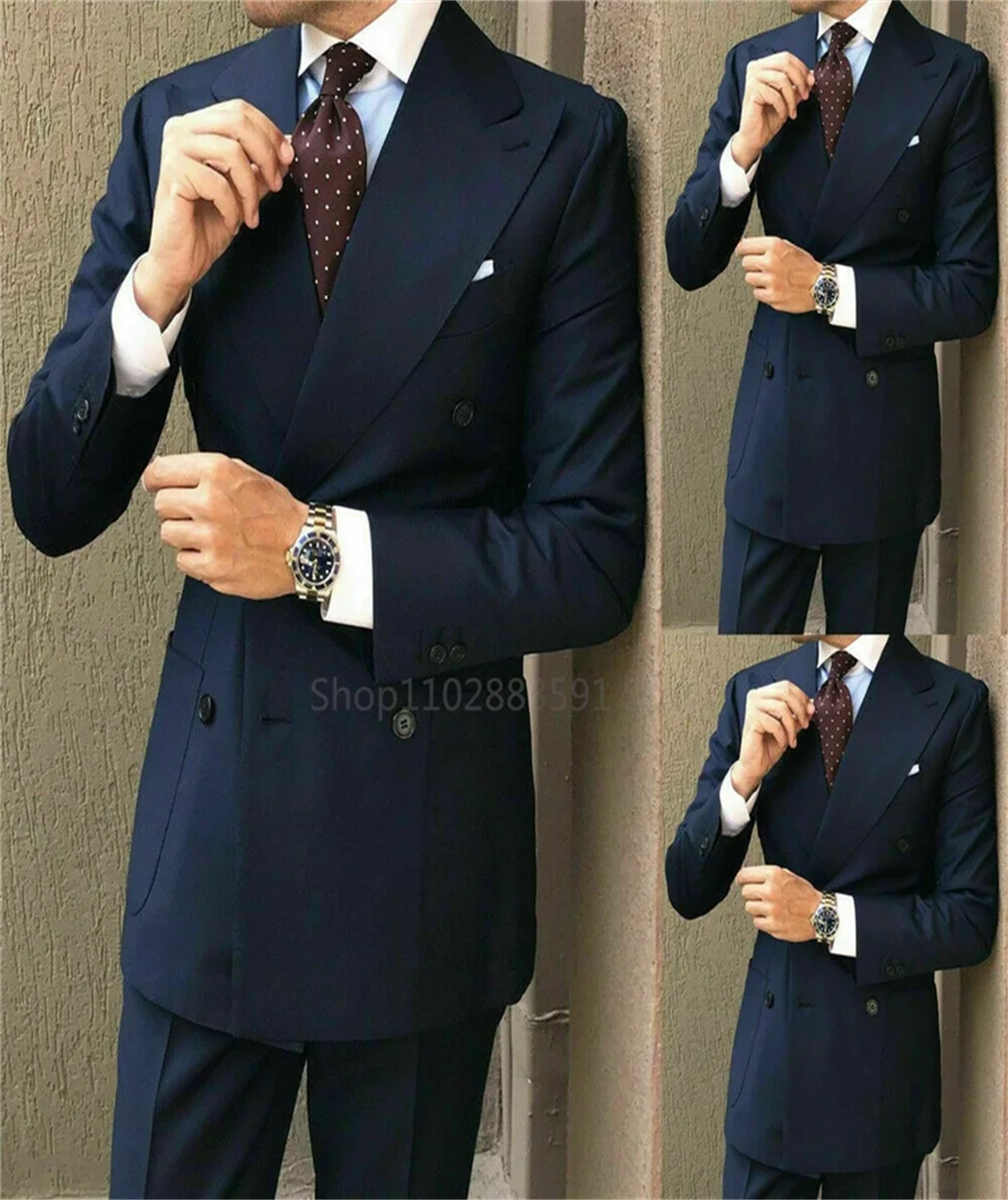 2 Pieces New Custom Double Breasted Dark Blue Men Suits Casual Male Blazers Slim Fit Groomsmen  Costume Men Clothing