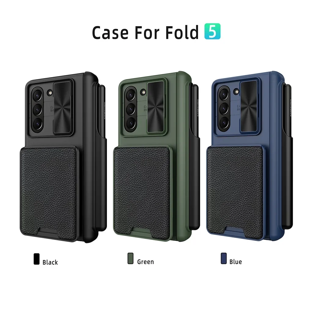 Hinge Protective S Pen Holder for Samsung Galaxy Z Fold 6 5 4 Case with Glass Film Hard Matte PC + PU Leather Wallet Card Cover