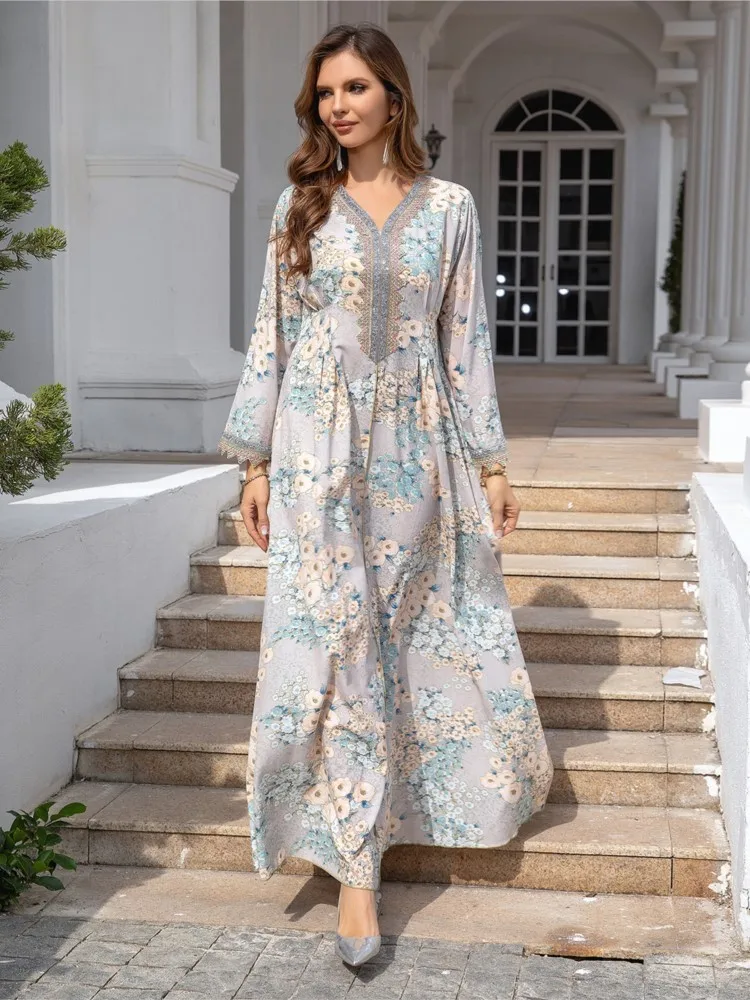 

Formal Evening Dress Women Long Sleeve Dresses Autumn Vestidos Para Mujer Temperament Clothing Long Dresses Vintage Printed Robe