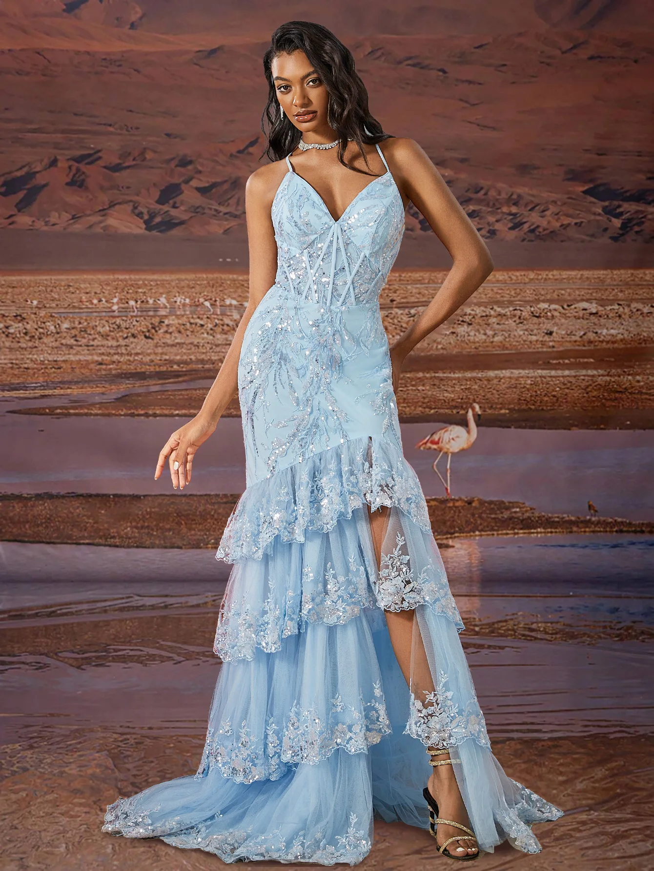 Middle East European and American Elegant Sling Cocktail Party Dinner Dress Luxury Split Bridesmaid Graduation Cake Dress Blue