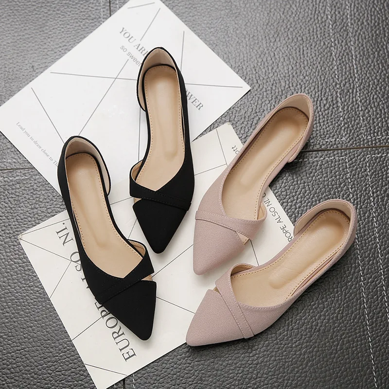 Women Flat Shoes Pink Black Solid Color Suede Pointed Toe Office Ladies Flat Heels Zapatos Para Mujer