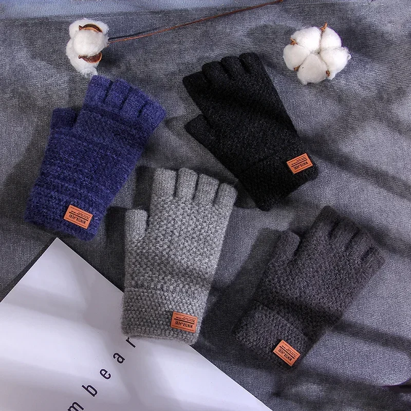 Guantes de punto para hombre, térmicos, gruesos, de fibra de Alpaca, sin dedos, a la moda, cómodos, para escritura, oficina y conducción, elásticos, de invierno