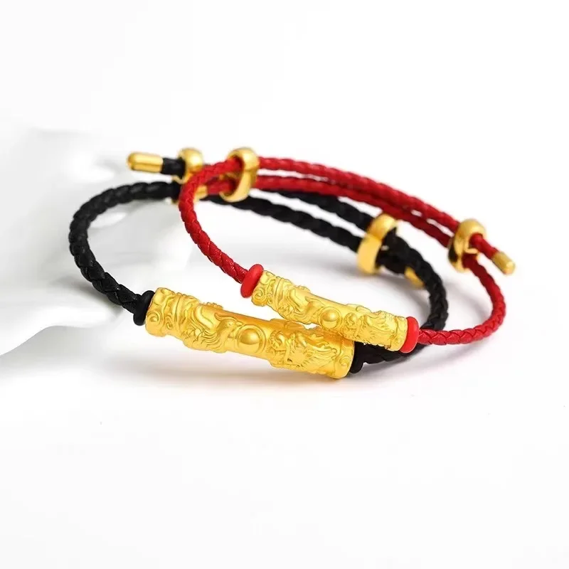 9999 real gold 24 K Dragon Phoenix Chengxiang bend pipe leather rope bracelet for men and women