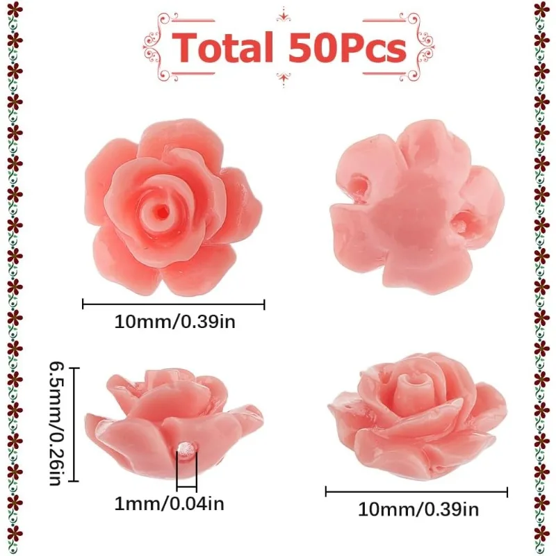 1 Box 50PCS 10mm Pink Rose Flower Beads Carved Rose Beads Synthetic Coral Shell Cinnabar Floral Loose Prayer Spacer Beads