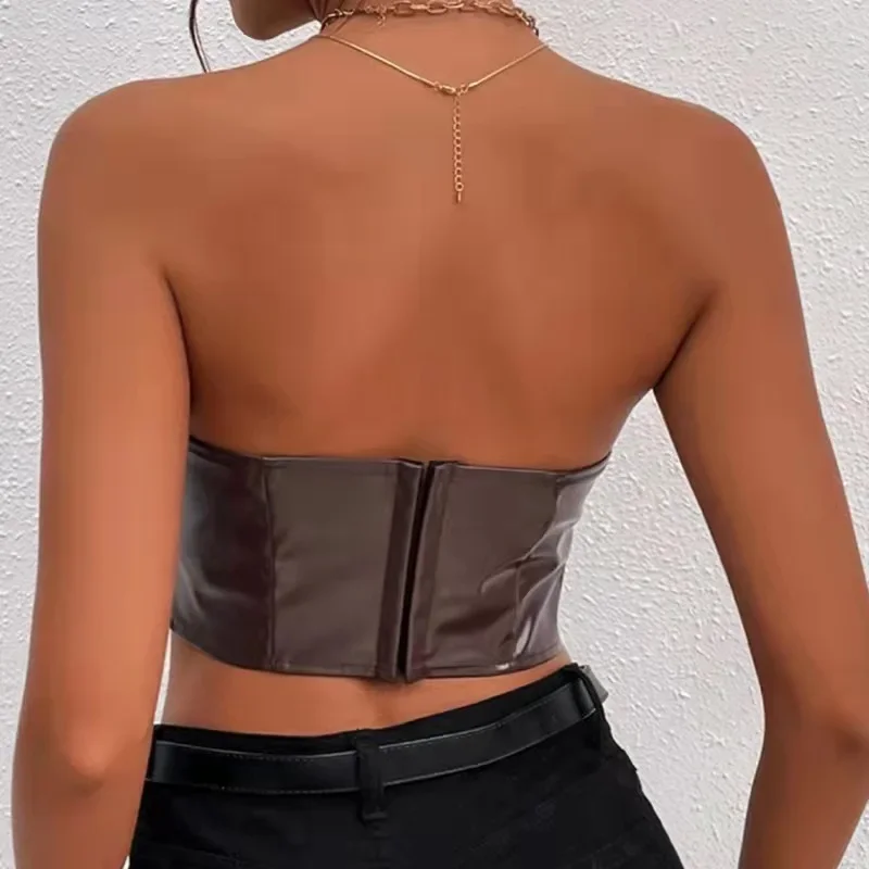 Sexy Tank Top Glossy PU Leather Halter Crop Tops Women Wrap Chest Bare Midriff Camisole Sleeveless  Tube Top Female Cropped Vest