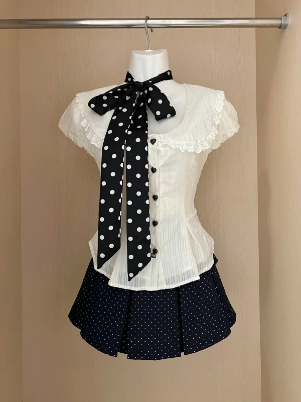 

Unique Beautiful Spring Summer Shirt And Skirt Set Korean Style Doll Collar Short Sleeve Waist Cinched Polka Dot Half Length ...