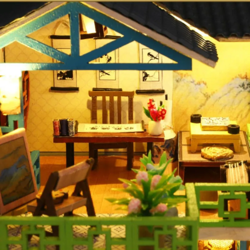جديد لتقوم بها بنفسك دمية خشبية مع الأثاث ضوء كازا المنزل النمط الصيني فيلا نموذج مصغرة بيت الدمية عدة اللعب هدايا عيد الميلاد #5