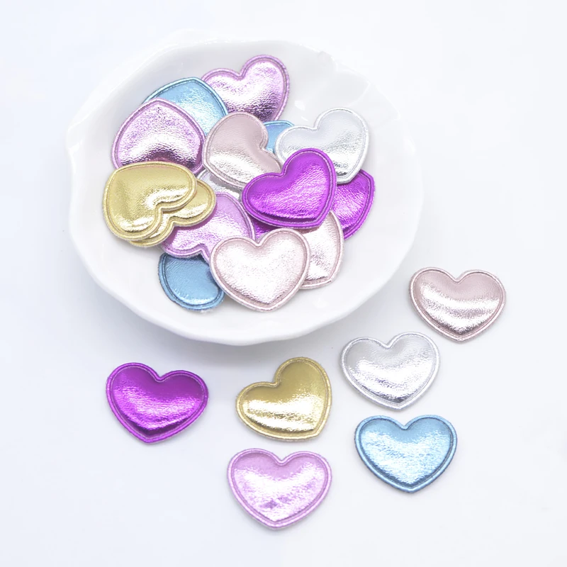 100Pcs 22*18mm Padded PU Leather Heart Appliques for DIY Headdress Hair Clips Bow Decor Clothes Hat Sewing Patches Accessories