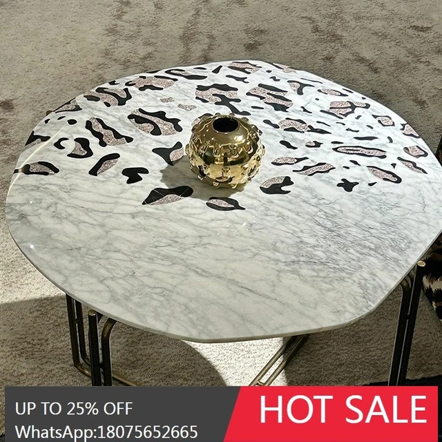 MJY Italian Style Light Luxury Marble Living Room Metal Base Leopard Print Sofa Side Table