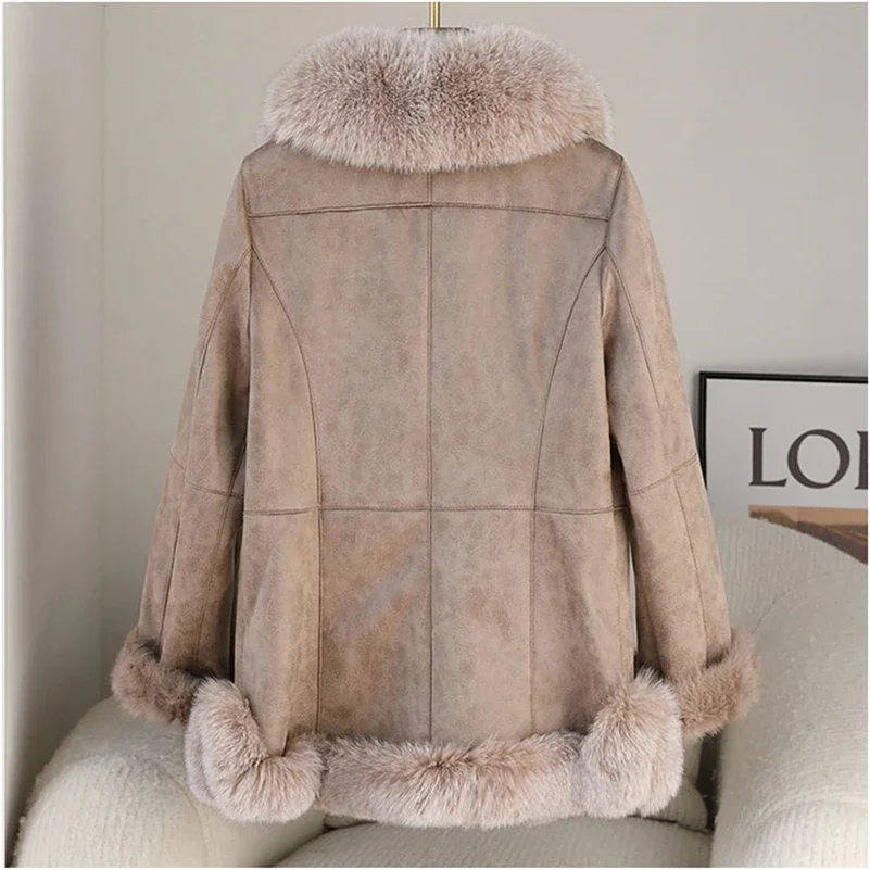 Winter Rabbit Fur Linging Coat Jacket Female Fox Fur Collar Coats Lady Over Size Parka Trench CT276