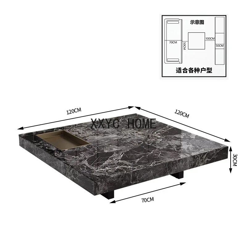 Tavolino da caffè quadrato in pietra, soggiorno, casa, luce, lusso, moderno, semplice, grande appartamento, alto senso