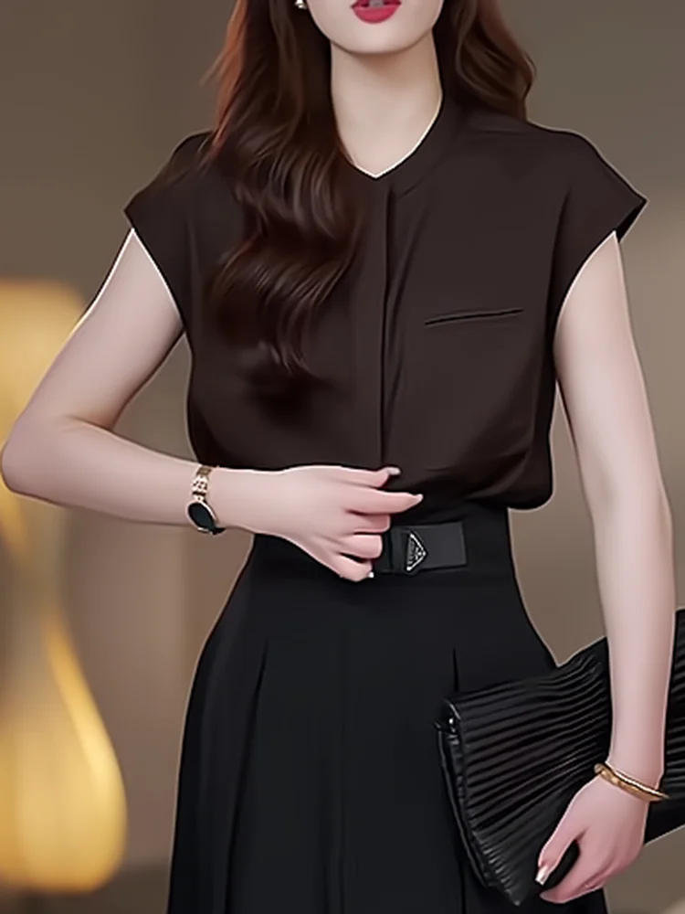 

Chic Korean Design Deep Brown ort Sve Women's irt Loose Casual Faionable Summer New Sle Trendy Small irt
