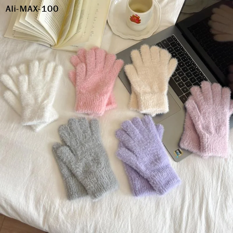 【AM3】Gestrickte Handschuhe aus Kunstnerzfell, warme Winterhandschuhe aus dickem Samt mit fünf Fingern, einfarbige Handschuhe für Damen, Outdoor, Radfahren