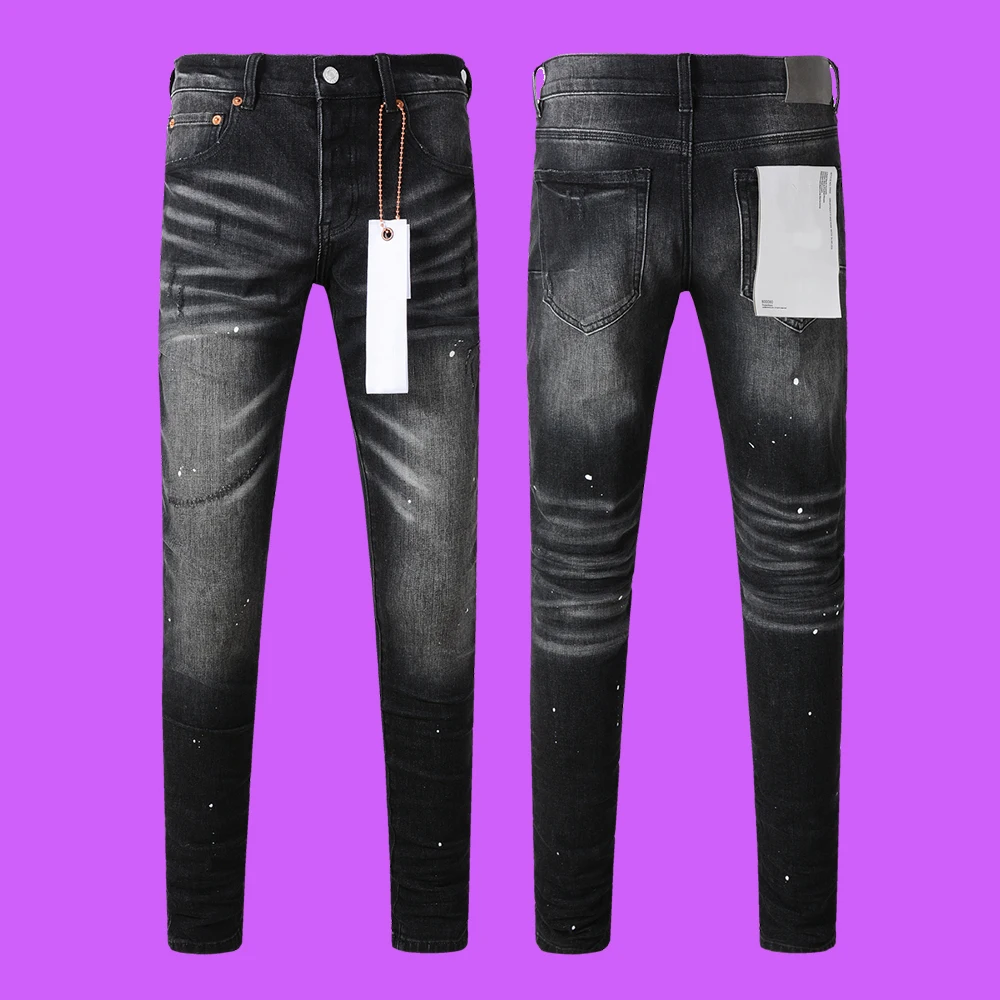 

Fashion Purple roca Jeans High Street Slim Jeans Vintage Spotted Indigo Coated Mid Rise Snow Wash High Quality Drop pants