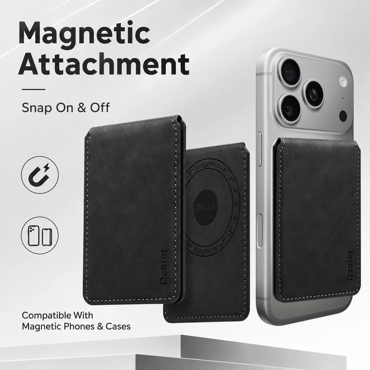 Denior Magnetic Flip Wallet For Phone PU Leather RFID Blocking 3 Card Slots Compatible Slim Daily Carry Design