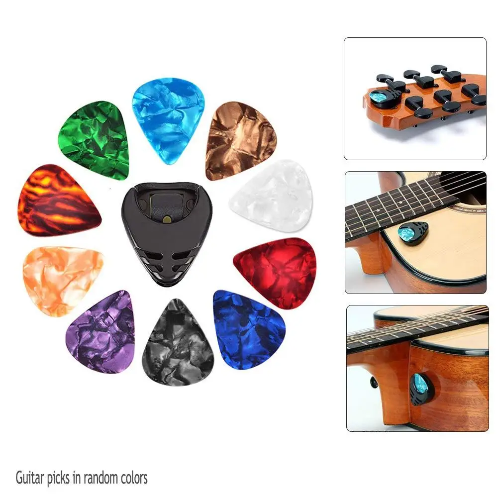 10Pcs Guitar Picks & Guitar Pick Holder Set For Acoustic Guitar Electric Guitar Bass Ukulele Stick-on Holder (Random Color)