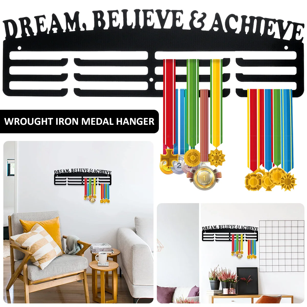 Medal Display Hanger Wall Mounted Medal Display Rack Plastic Decorative Black Medal Holder with Inspirational Words For Bedroom