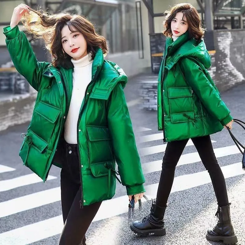 Large Size Cotton Jacket Winter Glossy Washable Female New Korean Loose Thickened Warm Coat Tide Feather Cotton Hooded Zip-up