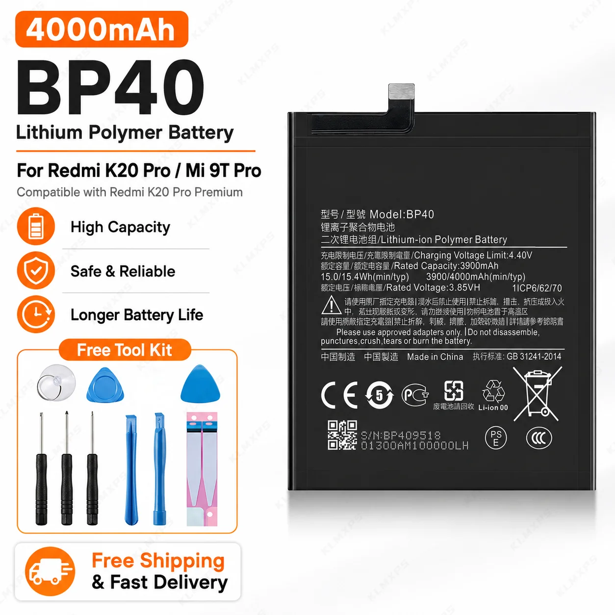 High Quality 4000mAh BP40 Battery For Xiaomi Mi 9T Pro Redmi K20 Pro Mobile Phone Replacement Batteries With Tools