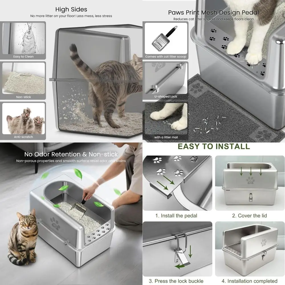 

Large Stainless Steel Cat Litter Box with Lid, High-Sided for Big Cats, Non-Stick, Leak-Proof, Odor-Free, Includes Mat & Scoop