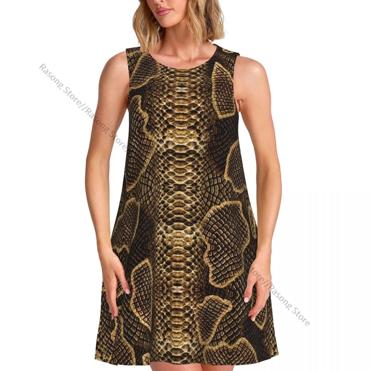 فستان نسائي بنمط الأفعى صيفي كاجوال تي شيرت لتغطية الشاطئ فستان بدون أكمام