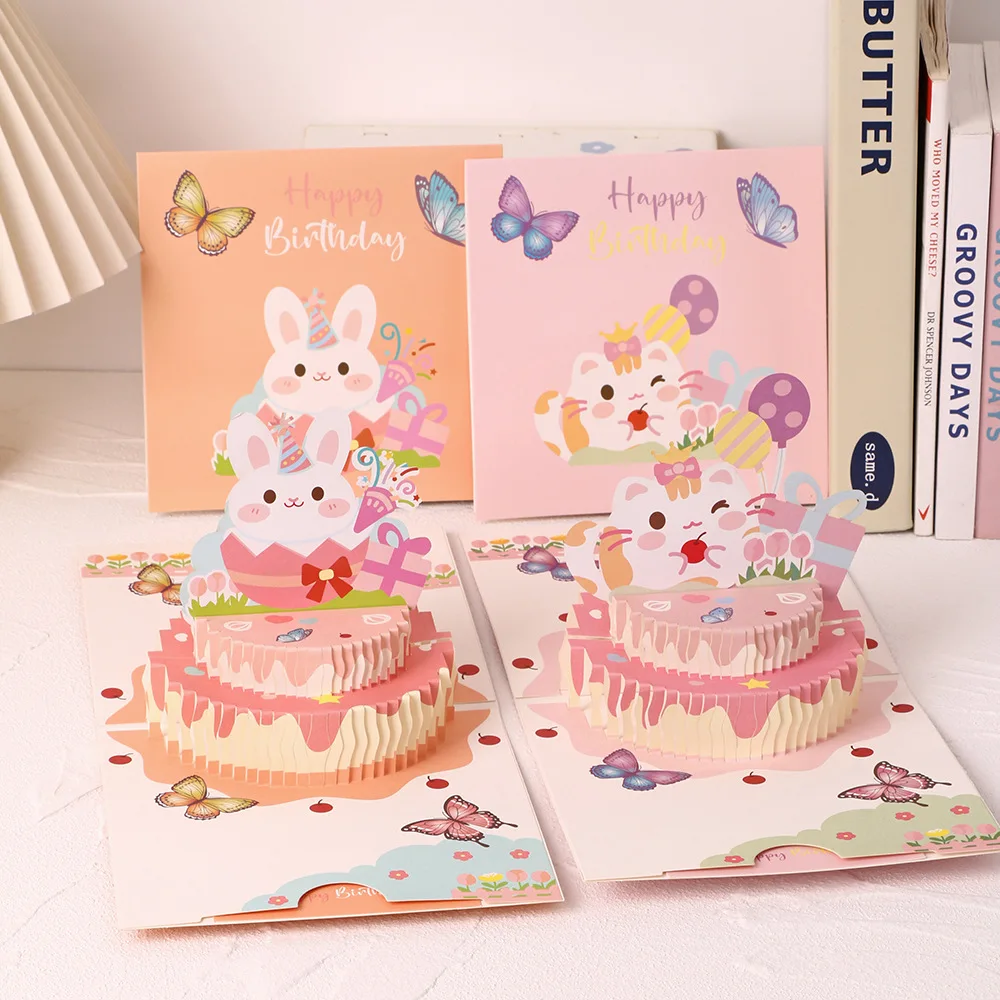 Three-dimensional 3d Cartoon Cute Rabbit Birthday Cake Greeting Card Student Day Gift Holiday Blessing Greeting Card Wholesale