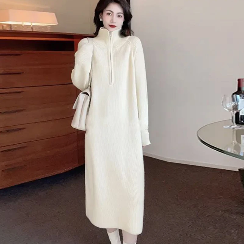 

High Neck Collar Zipper Straight Dresses Solid Color Long Sleeved Bottom Knitted Dressed 2023 Women Loose Casual Sweater Dresses