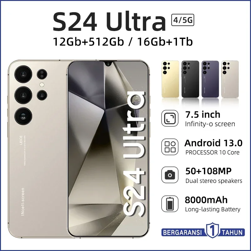 

2024 NEW S24 Ultra 7.5 HD Android Mobile Phone Unlocked 4G/5G Dual Sim Card 8000mAh 16GB+1TB Cellphones 50MP+108MP smartphone