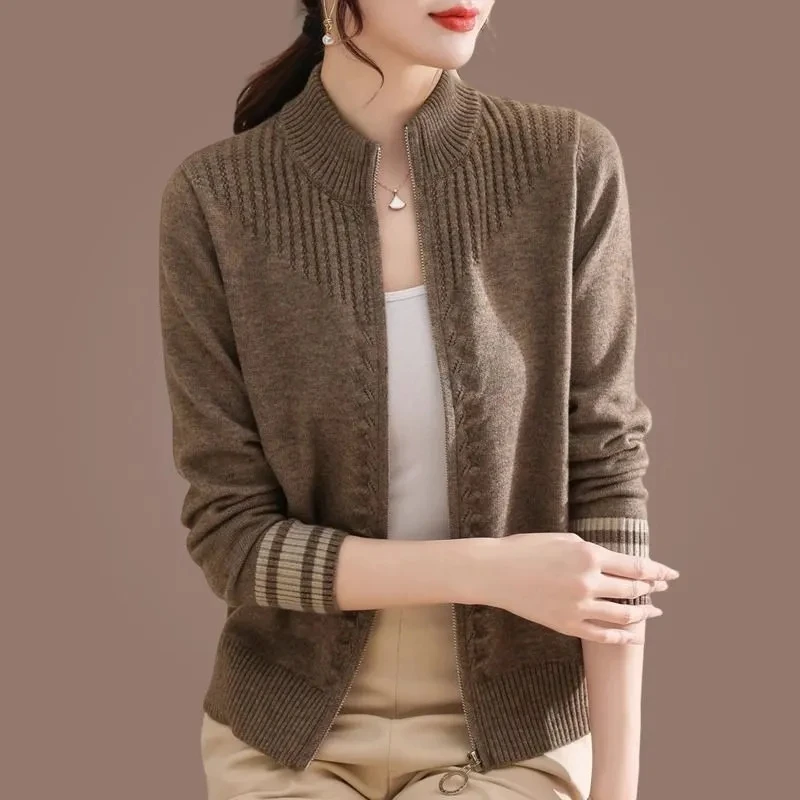 

Stand Collar Zipper Knitted Cardigan Jacket Women Autumn New Style Solid Color Long Sleeve Cardigans Thicken Sweater Coat 3XL