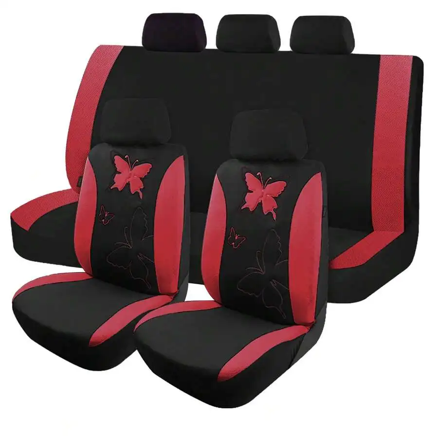 5 Seat Car Seat Covers Full Set Butterfly Pattern Universal Black Red Cloth