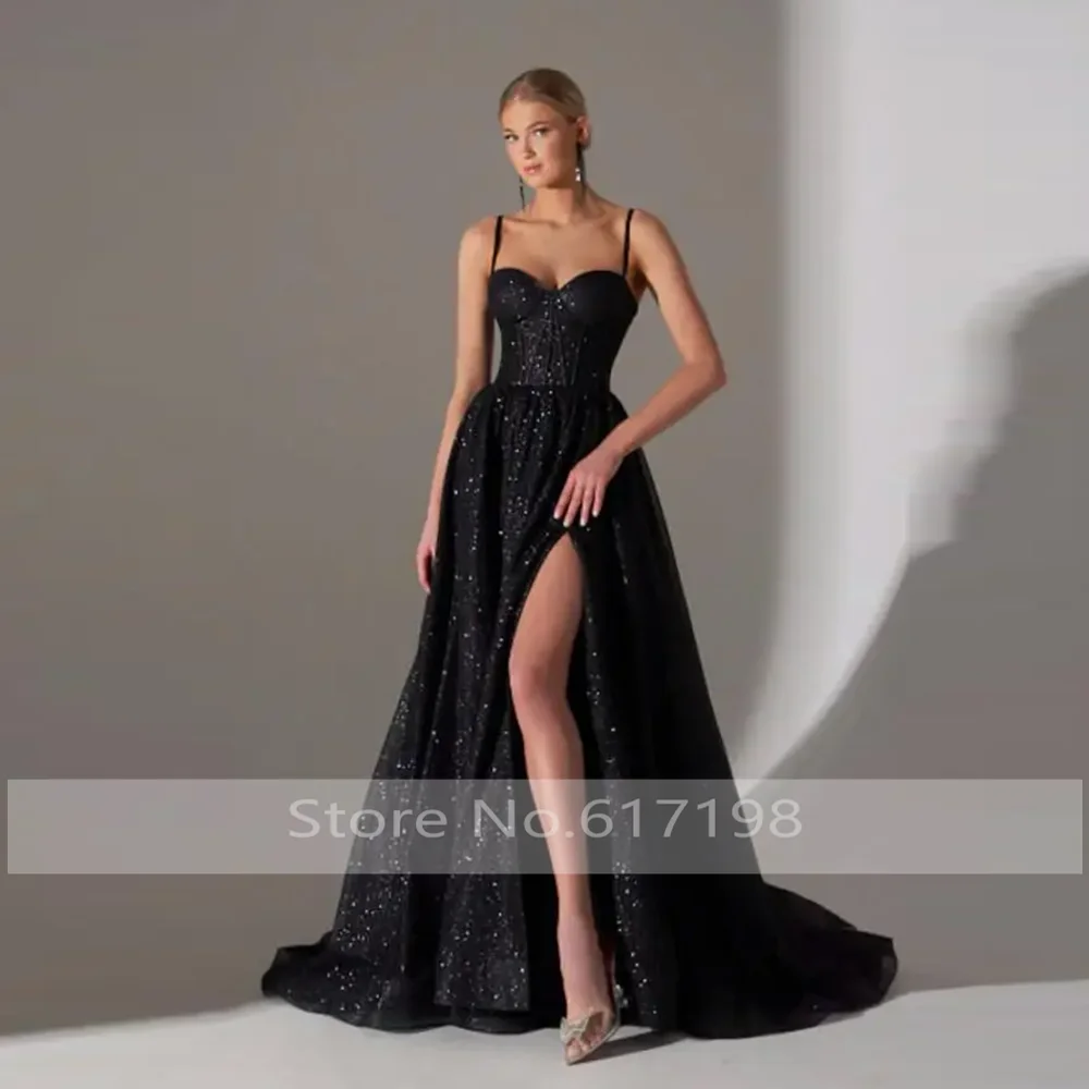 

Charming Spaghetti Straps Sequins Shiny Prom Dress A-line Lace up Court Women Prom Party Gown with Side Split Customized
