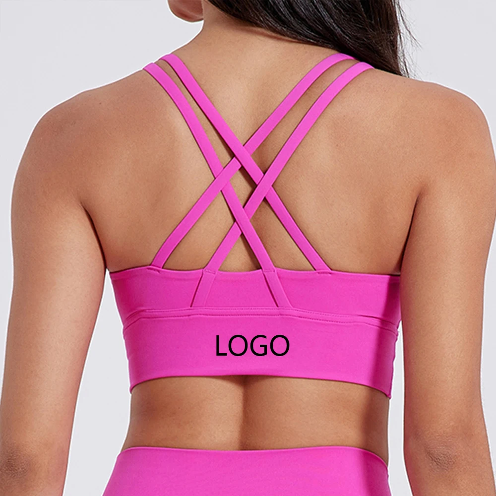 

Customized logo Women Fitness Sports Bra Top Gym Yoga Backless Athletic Back Cutout Cross Tight Workout Soft With Chest Pad