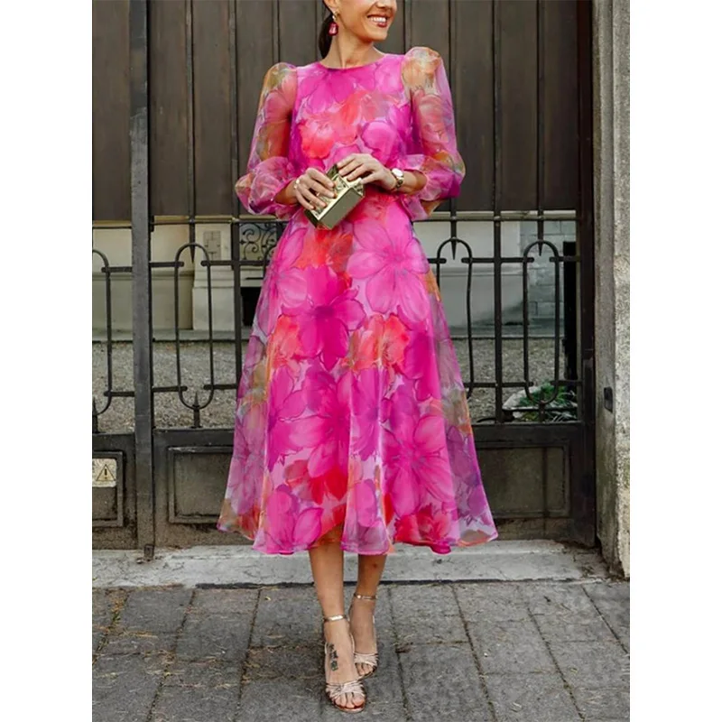 

Spring Summer New Printed Seven Quarter Sleeve Mesh Dress Women's Fashion Waist Elegant Female Swing Office Dresses 2025