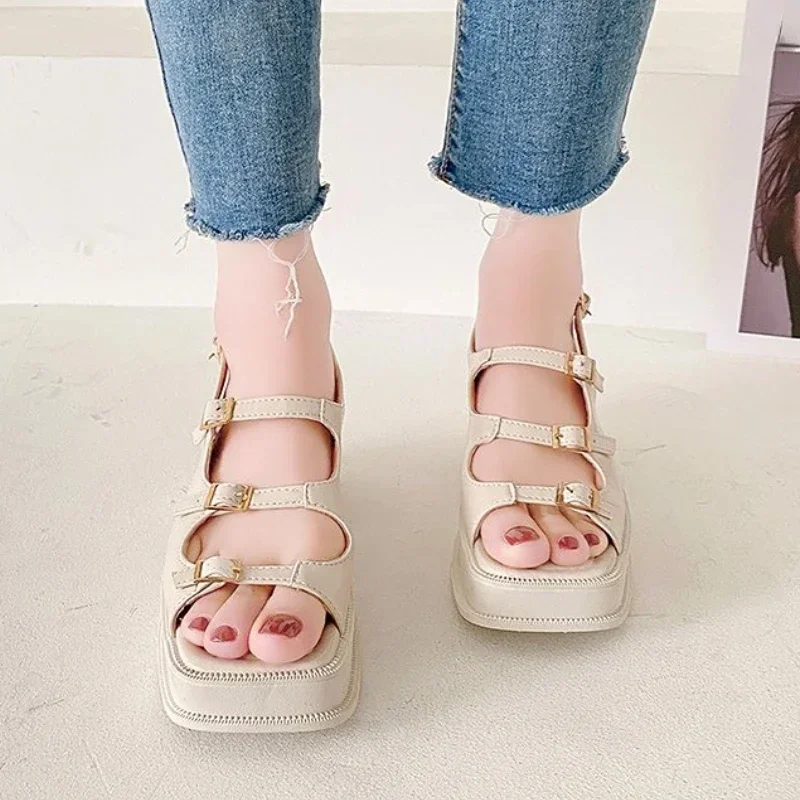 2024 New Platform Sandals Ladies High Heels Summer women sandals Wedge Sandals Open Toe Shallow Solid Color Buckle Casual