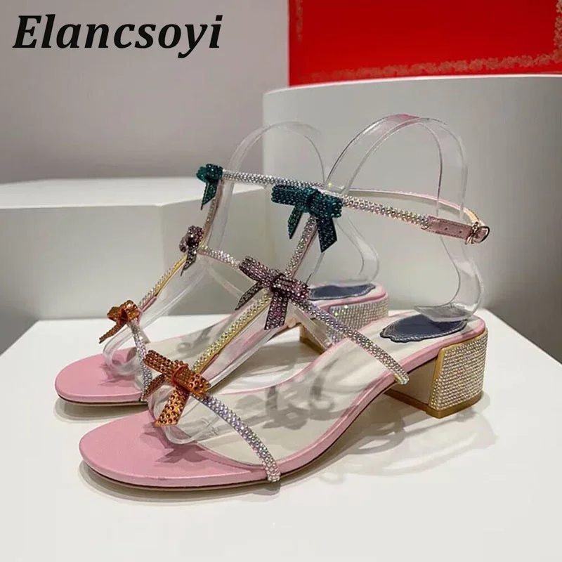 2025 Summer Chunky Heels Gladiator Sandals Women Shiny Rhinestone Bowknot Party Shoes Open Toe Mid Heels Ankle Strap Sandalias