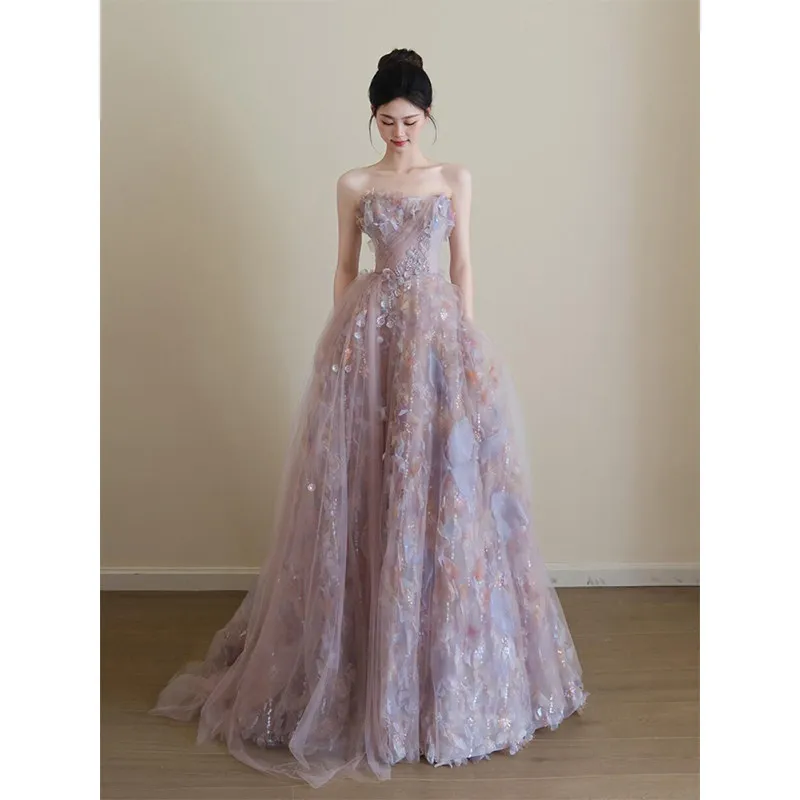L&P DQL Studio Abendkleid, exquisite Ballkleider, lavendelfarben mit rosa Partykleidern, trägerlos, mit Schnürung am Rücken, handgefertigte Blumenperlen