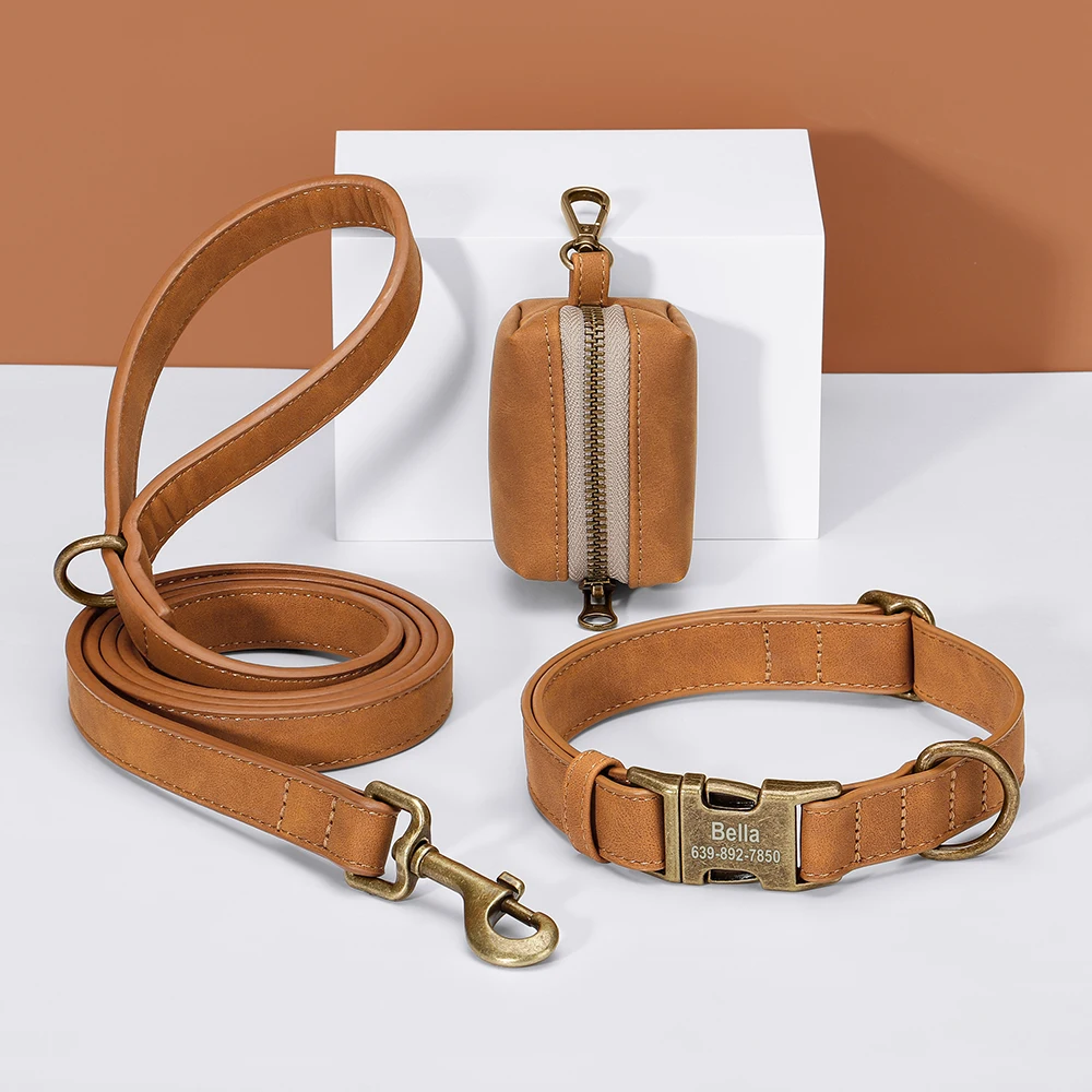 Benutzerdefinierte Hundehalsband Leine Tasche Set personalisierte PU Leder Hundehalsbänder Vintage Haustier Schnalle Halskette mit Bleikot Tasche für Hunde Mops – Detail 13