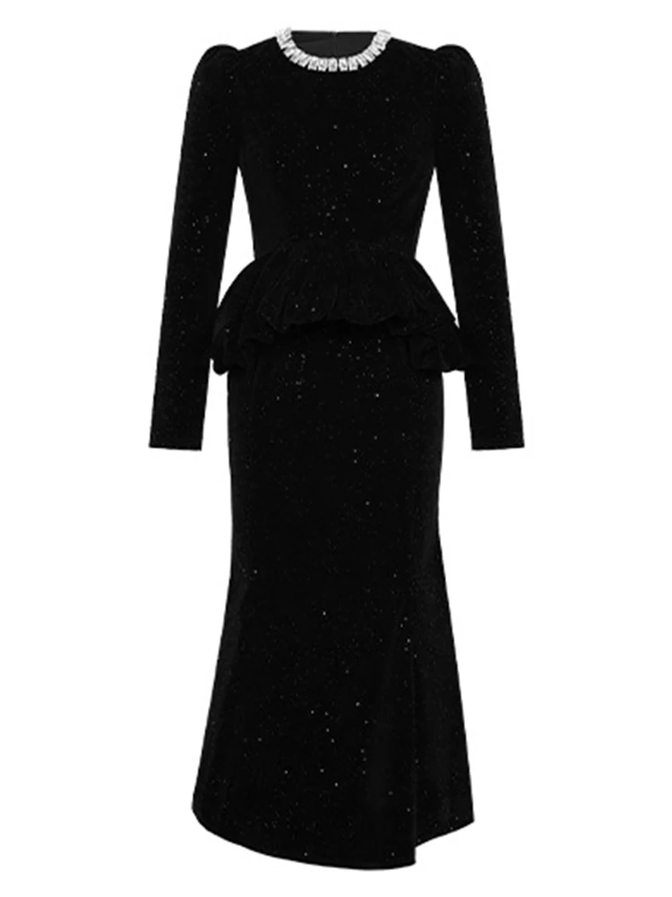 ملابس حريمي وهمية 2 قطعة أسود لامع س الرقبة سليم ذيل السمكة فستان طويل أنيق فاخر سيدة موضة حفلة موسيقية Vestidos رداء جديد