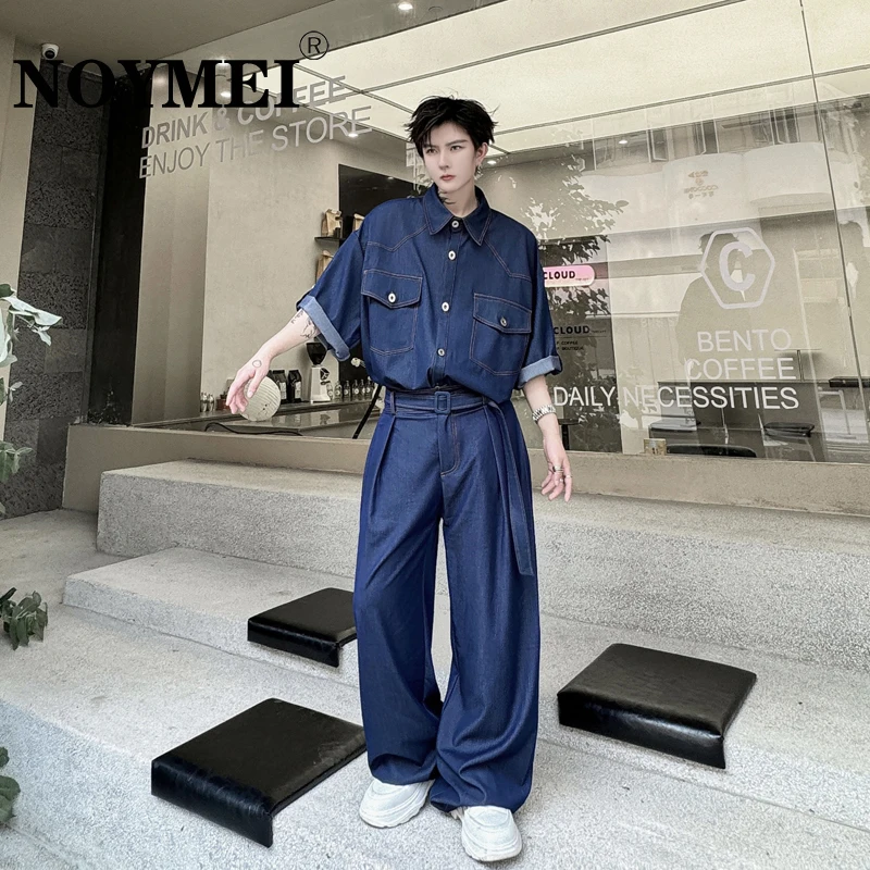 NOYMEI Denim Set Men's Pockets Single Breasted Turn-down Collar Shirt Straight Wide Leg Jean Casual Solid Color Summer WA4566