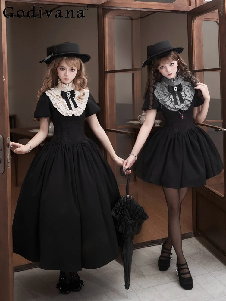 

summer new long and short op temperament square neck retro Puff Sleeve dress sweet girls A-line high waist slim black dresses