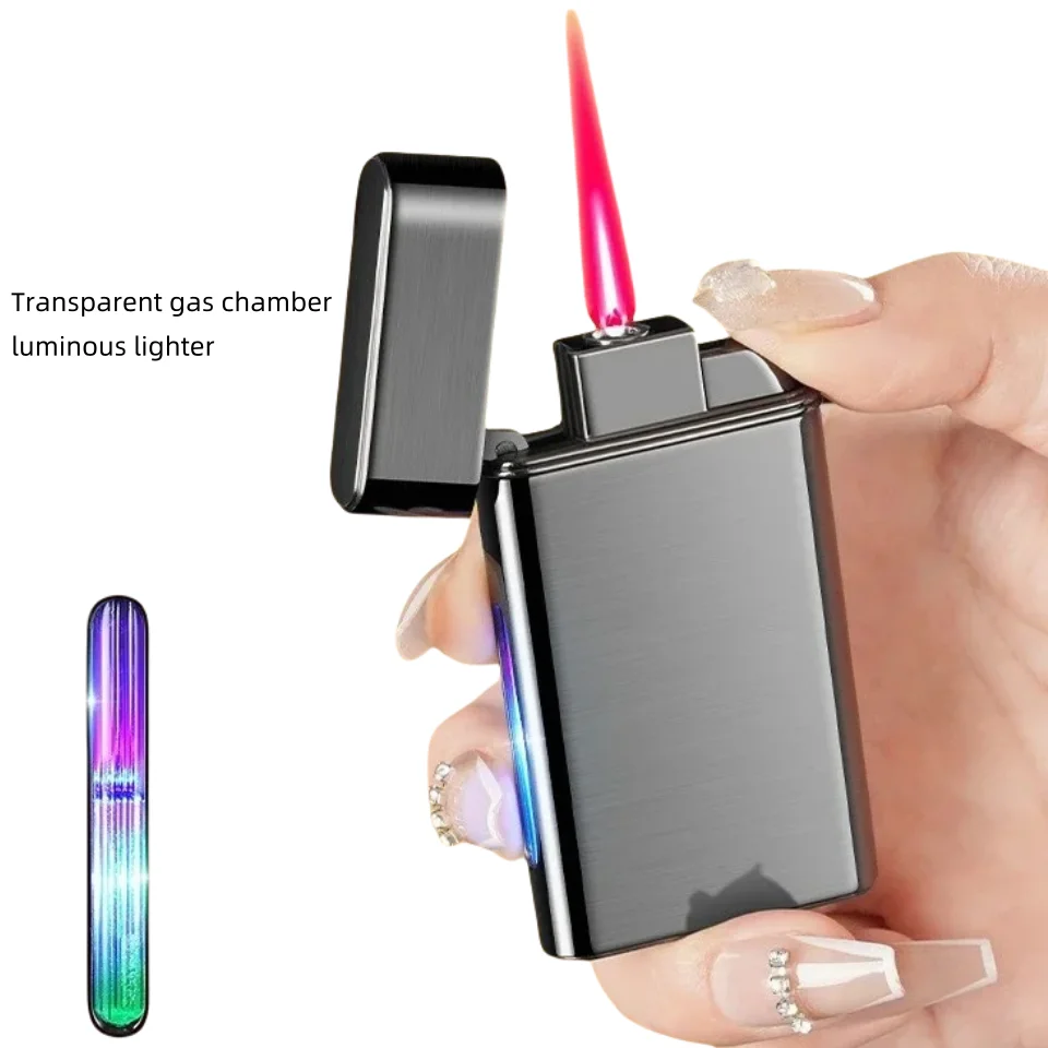 Colorful Red Flame Torch Gas Lighter with Led Light Metal Transparent Luminous Gas Windows Ultra-thin Cool Cigarette Lighters