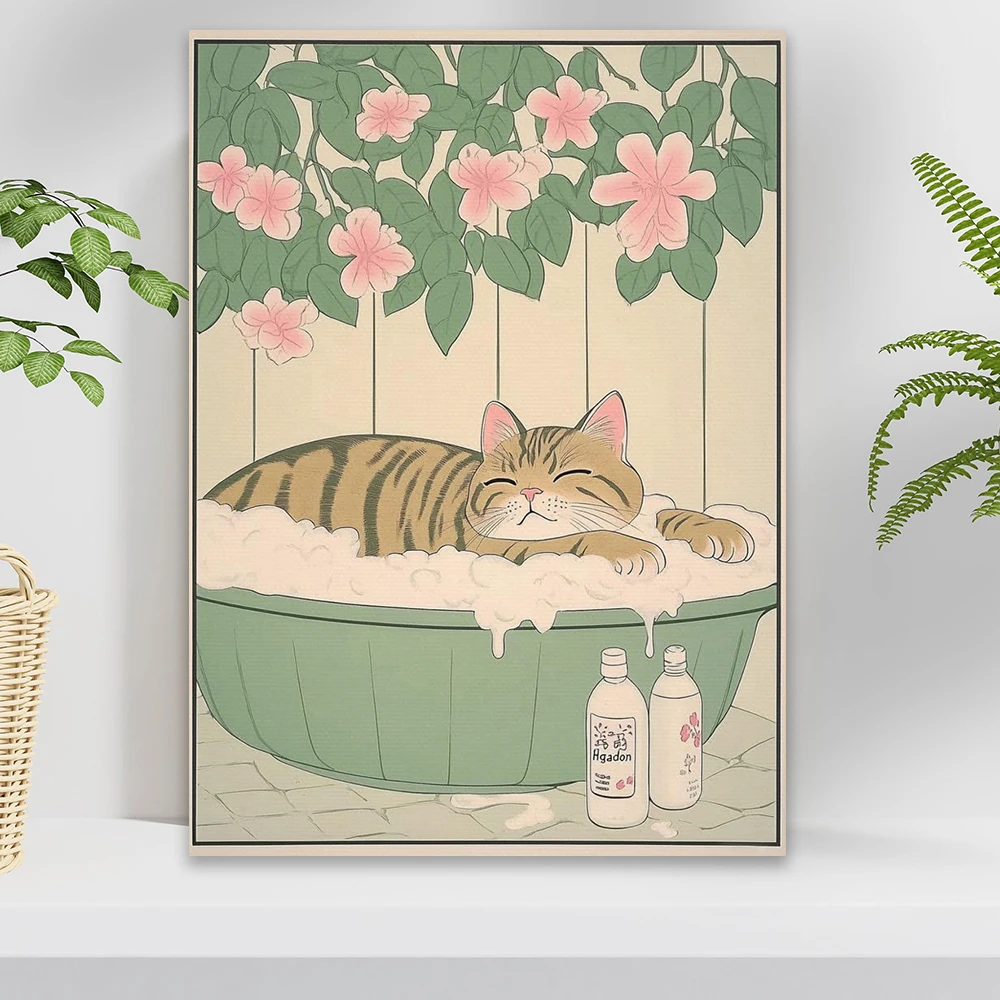 Funny Japanese Cat Bathroom Poster Black Cat Reading Newspaper on a Toilet Prints Neutral Aesthetic Cat and Pink Flowers Canvas