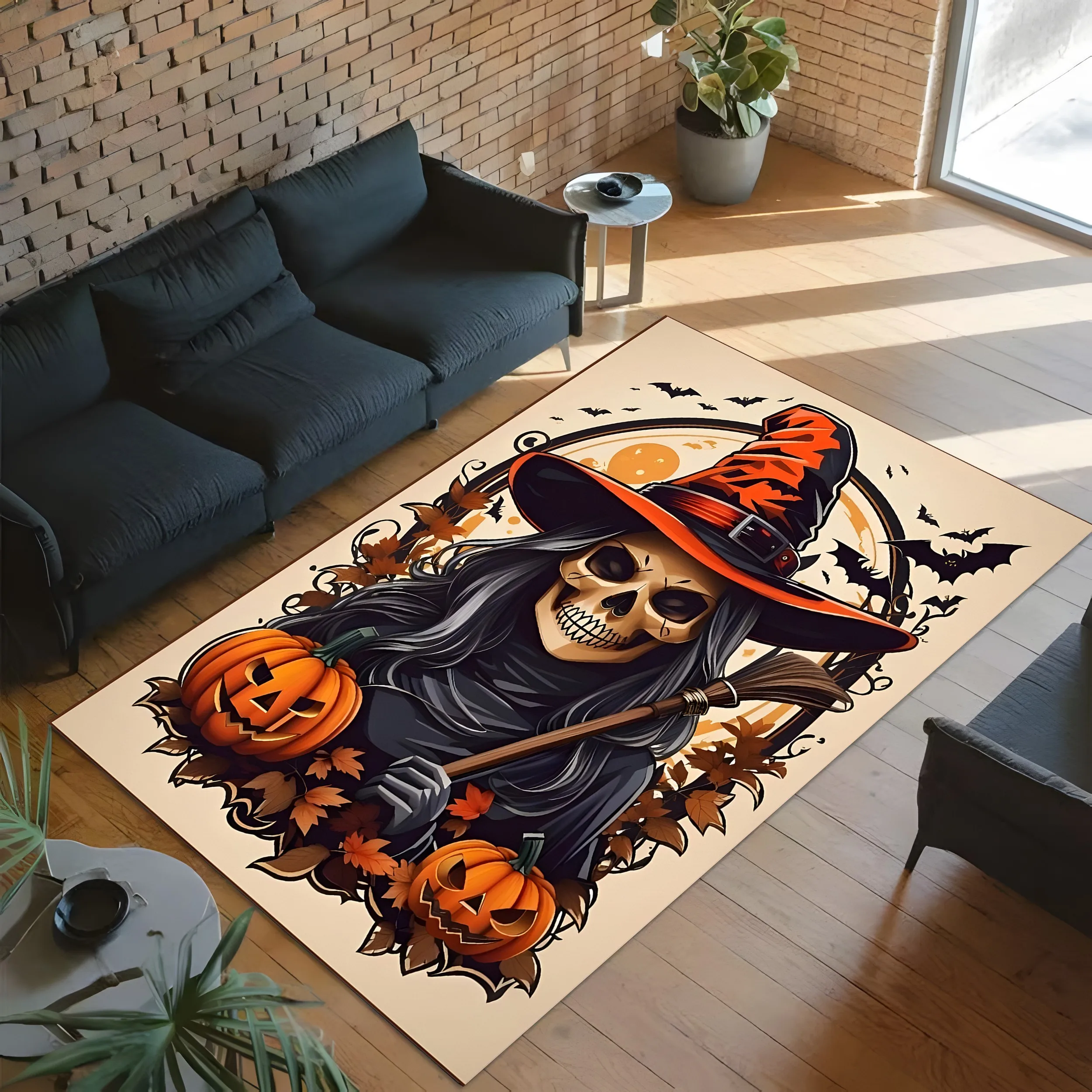 Velvet Skull Witch Pumpkin Bat Dark Halloween 2D Rug for Living Room, Entryway and Party, Warm