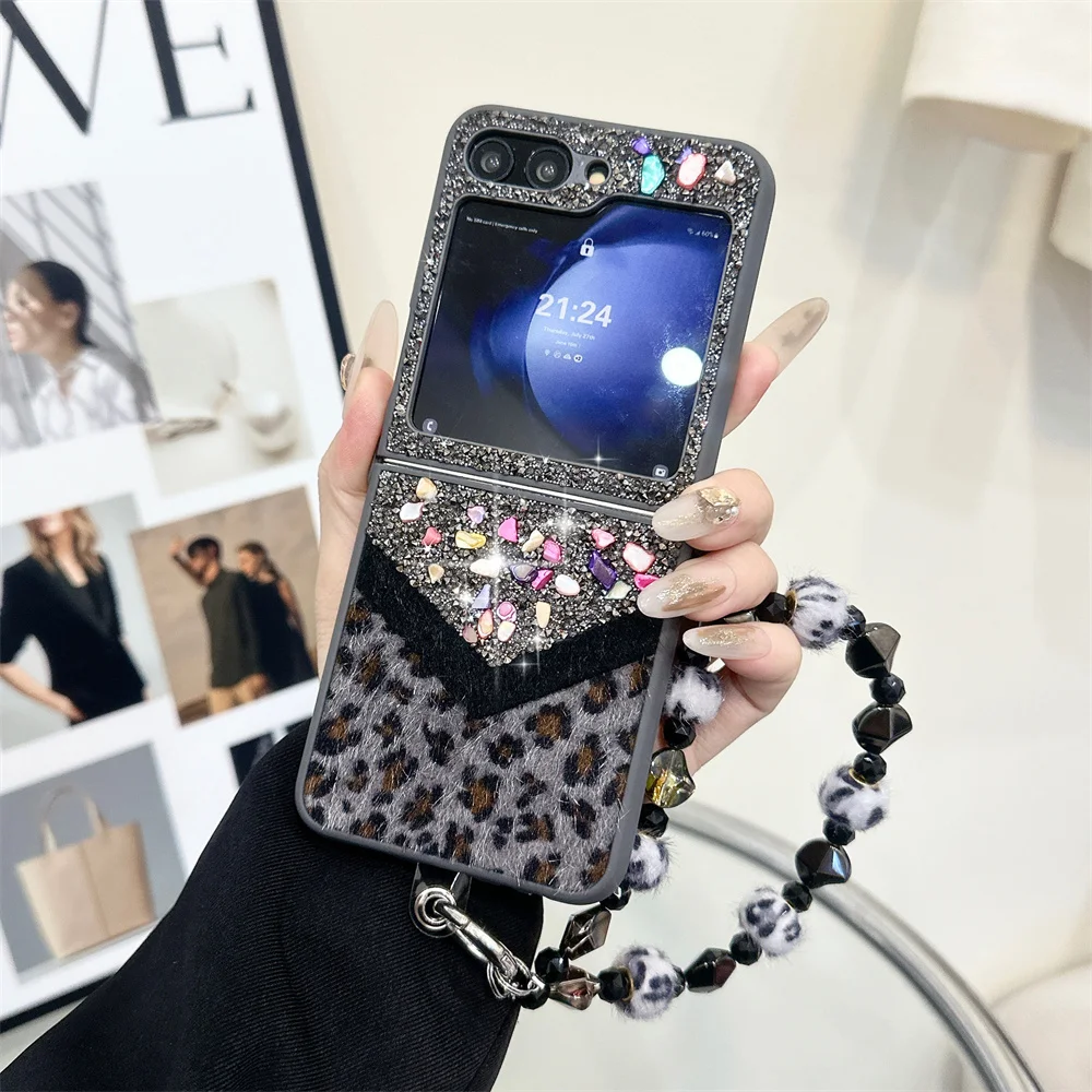 Leopard Print Color Collision Glitter Gemstone Case for Samsung Galaxy Z Flip6 Zflip5 ZFlip 3 4 5 6 ins Wristband Bracelet Cover