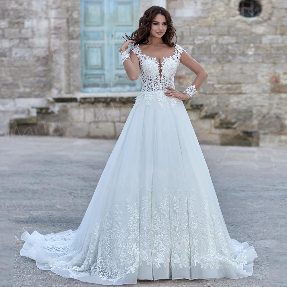 Vestidos de casamento requintados para mulheres, vestidos de noiva sexy, manga longa clássica, apliques de botão, vestidos encantadores