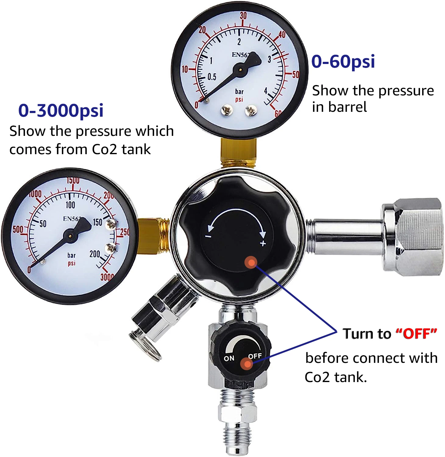 W21.8 Co2 Regulator,Homebrew Keg Kegerator Regulator 3000PSI Pressure Dual Guage Co2 Regulator with Safety Pressure Relief Valve